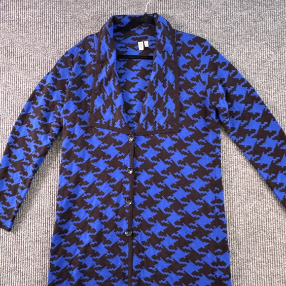 VTG Madison Women L Blue Black Houndstooth Knit Sweater Cardigan Retro Old Money - Picture 6 of 12
